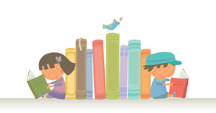 image of kids reading on each side of a shelf of books