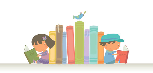 image of kids reading on each side of a shelf of books.