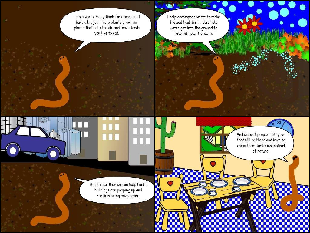 image of 4-panel comic about soil and worms