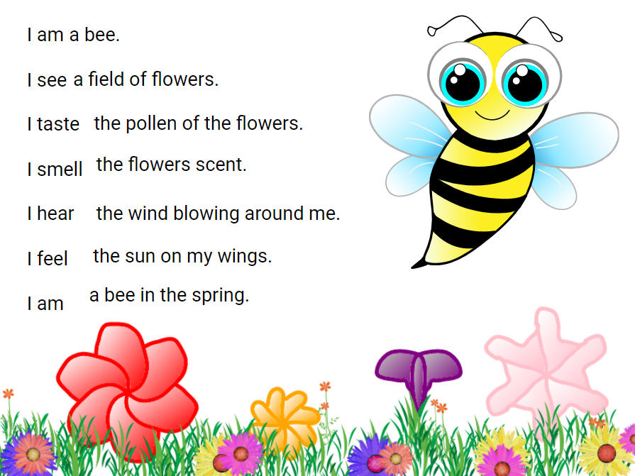 image of 5 senses poem about a bee